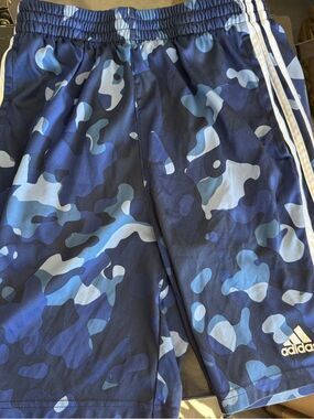 adidas Blue Camo Athletic Shorts with White Stripes